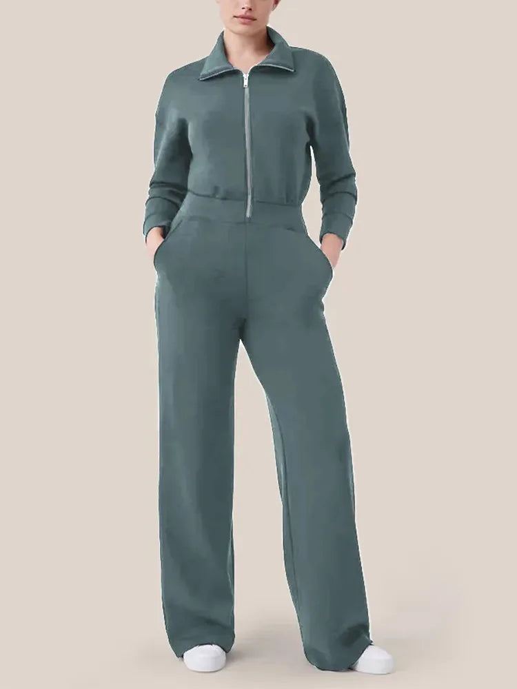 Wide Leg Technical Fleece Jumpsuit Women Elastic High Waist One Piece Casual Zipper Long Sleeve Jumpsuits Autumn Winter