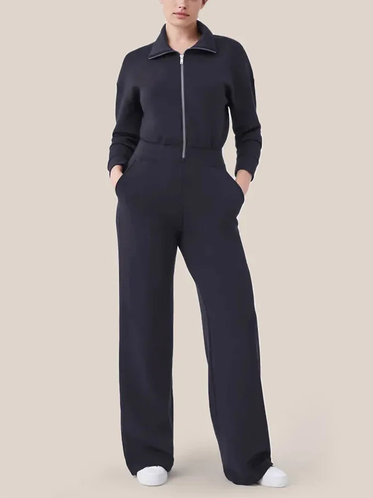 Wide Leg Technical Fleece Jumpsuit Women Elastic High Waist One Piece Casual Zipper Long Sleeve Jumpsuits Autumn Winter