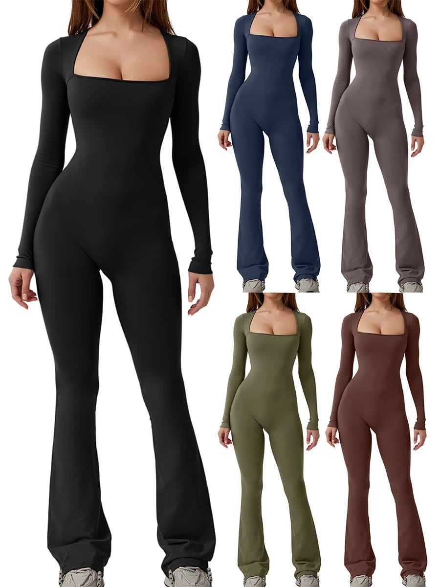 Womens Bodycon Jumpsuit Long Sleeve Square Neck Slim Fit Flared Pants Romper Fall Winter Playsuit