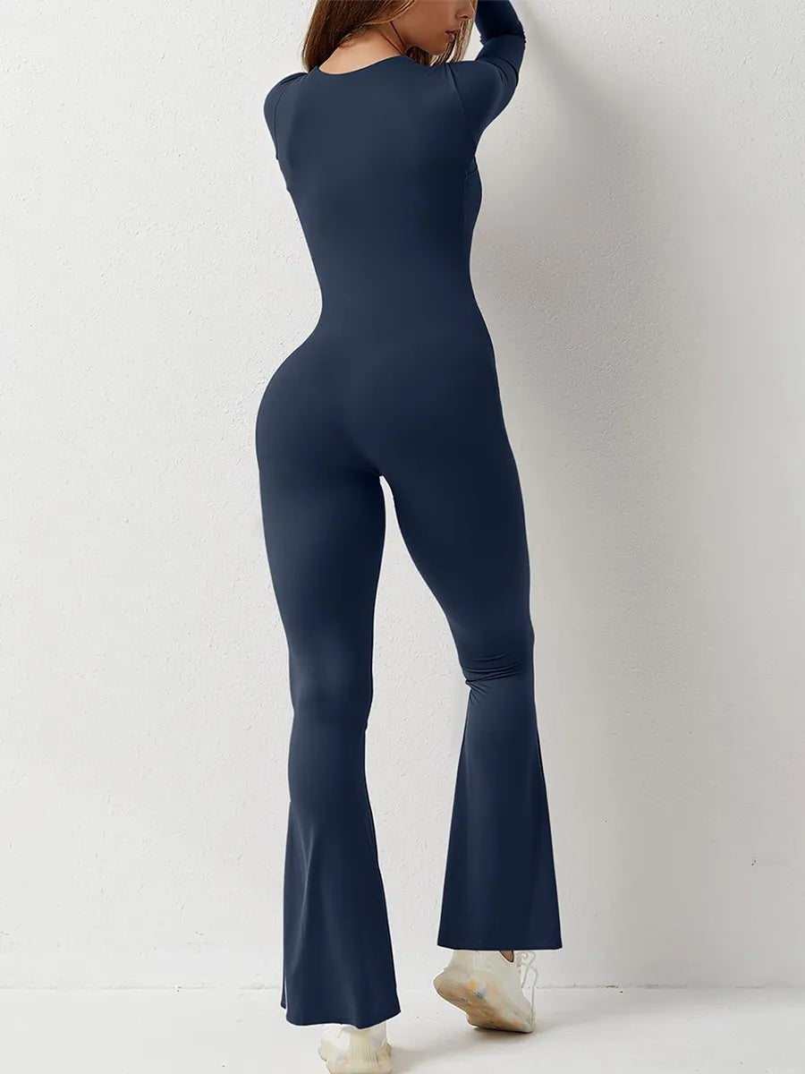 Womens Bodycon Jumpsuit Long Sleeve Square Neck Slim Fit Flared Pants Romper Fall Winter Playsuit