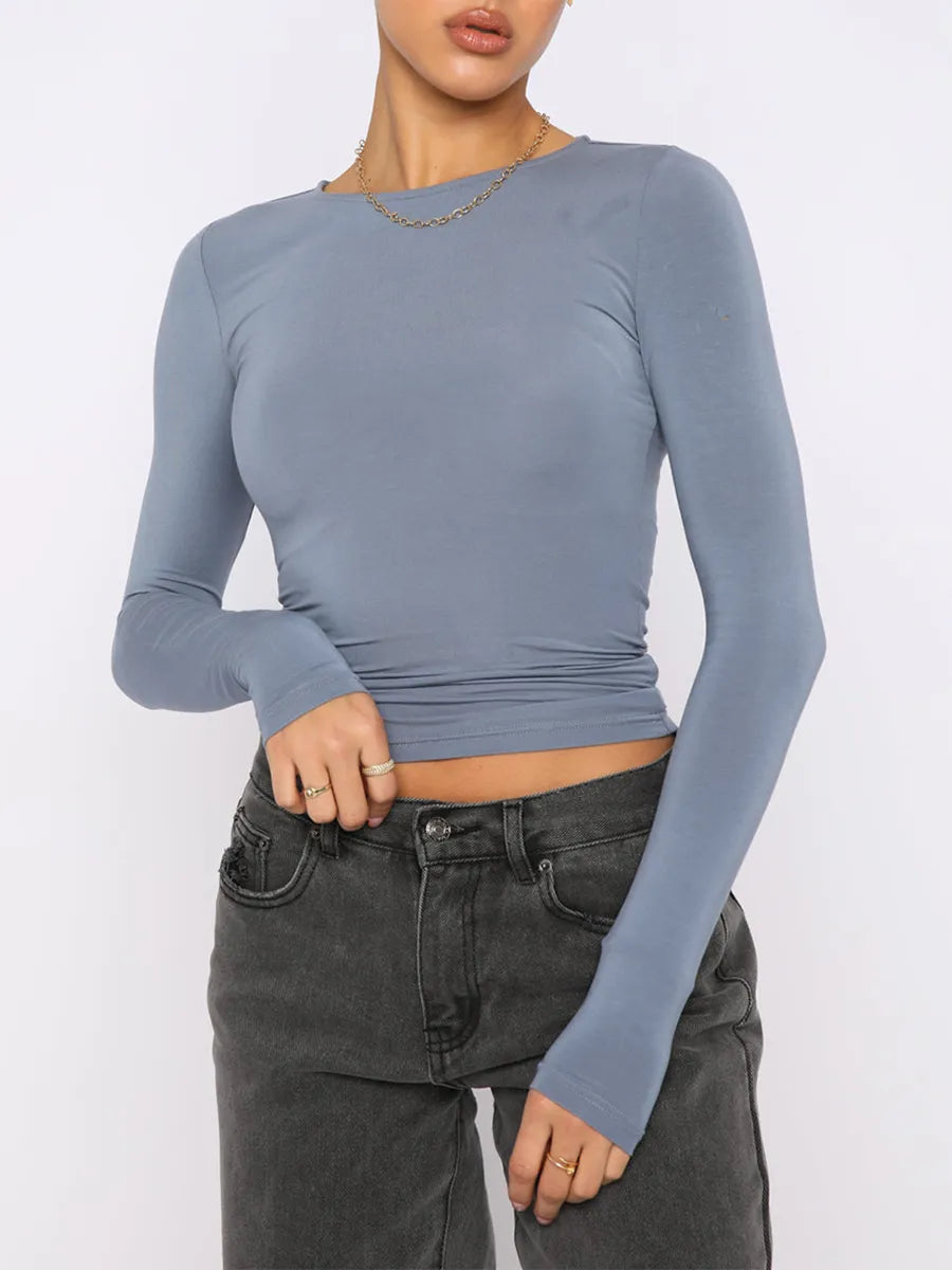 Women's Fall Casual Slim Fit Basic Tops Solid Color Long Sleeve Crew Neck Pullover Y2K Tight Tee Shirts Show Navel T-Shirt