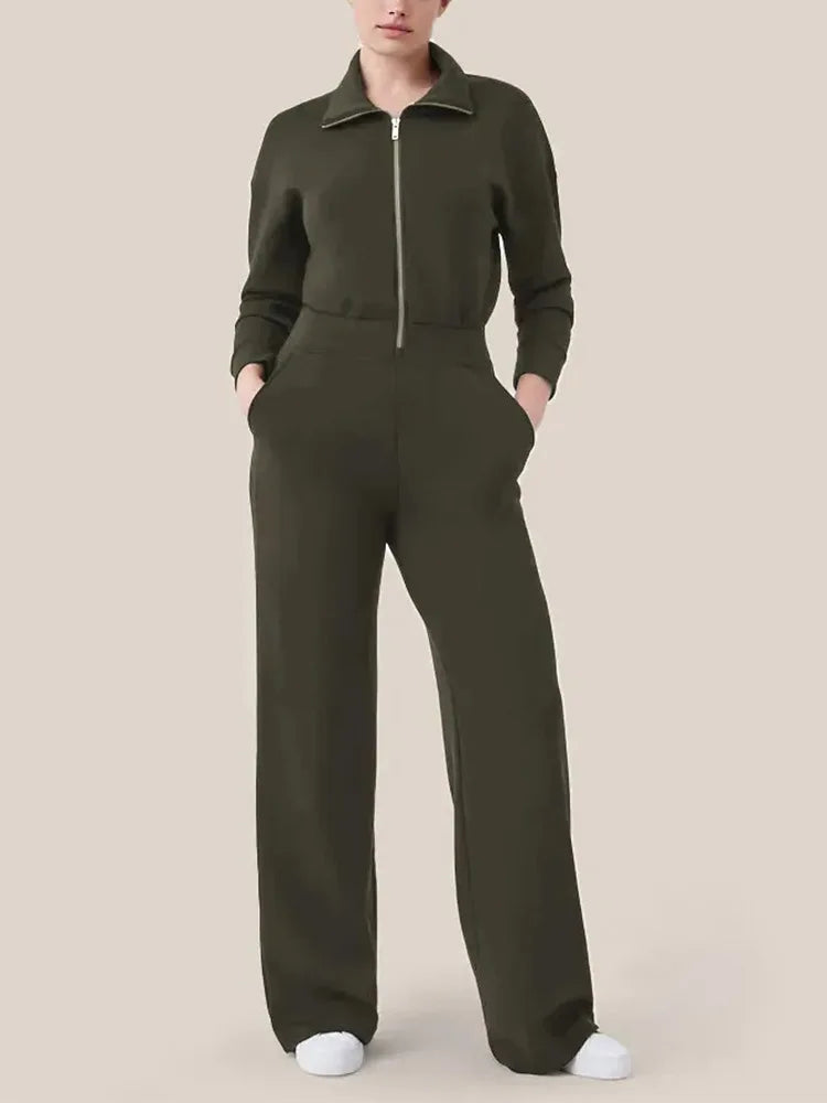 Wide Leg Technical Fleece Jumpsuit Women Elastic High Waist One Piece Casual Zipper Long Sleeve Jumpsuits Autumn Winter