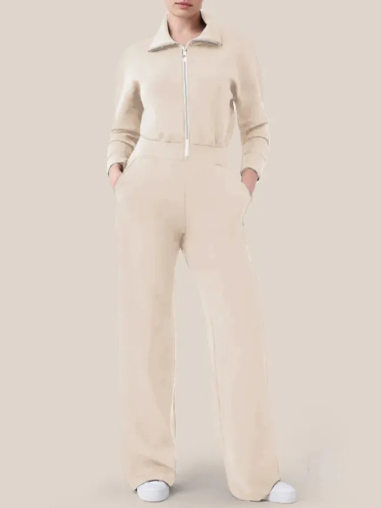 Wide Leg Technical Fleece Jumpsuit Women Elastic High Waist One Piece Casual Zipper Long Sleeve Jumpsuits Autumn Winter