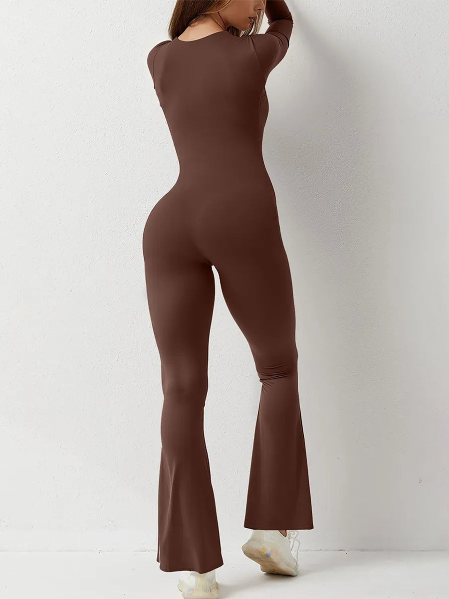 Womens Bodycon Jumpsuit Long Sleeve Square Neck Slim Fit Flared Pants Romper Fall Winter Playsuit