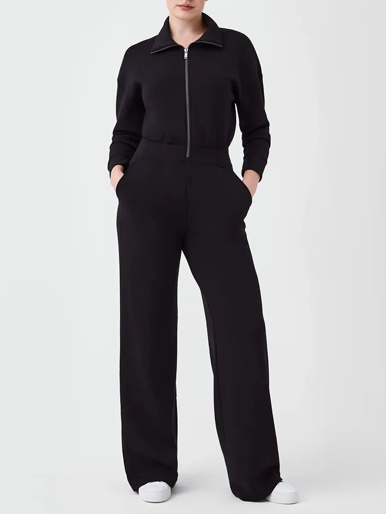 Wide Leg Technical Fleece Jumpsuit Women Elastic High Waist One Piece Casual Zipper Long Sleeve Jumpsuits Autumn Winter