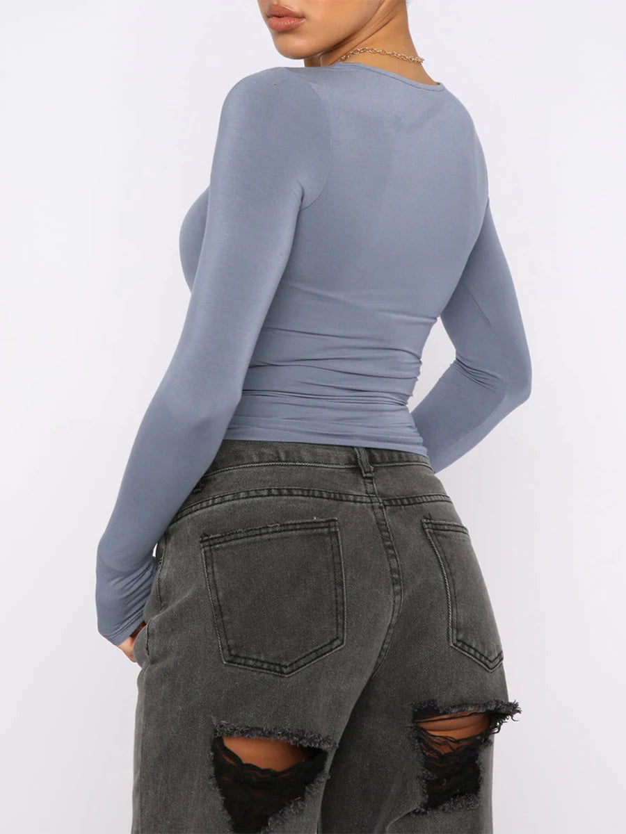 Women's Fall Casual Slim Fit Basic Tops Solid Color Long Sleeve Crew Neck Pullover Y2K Tight Tee Shirts Show Navel T-Shirt