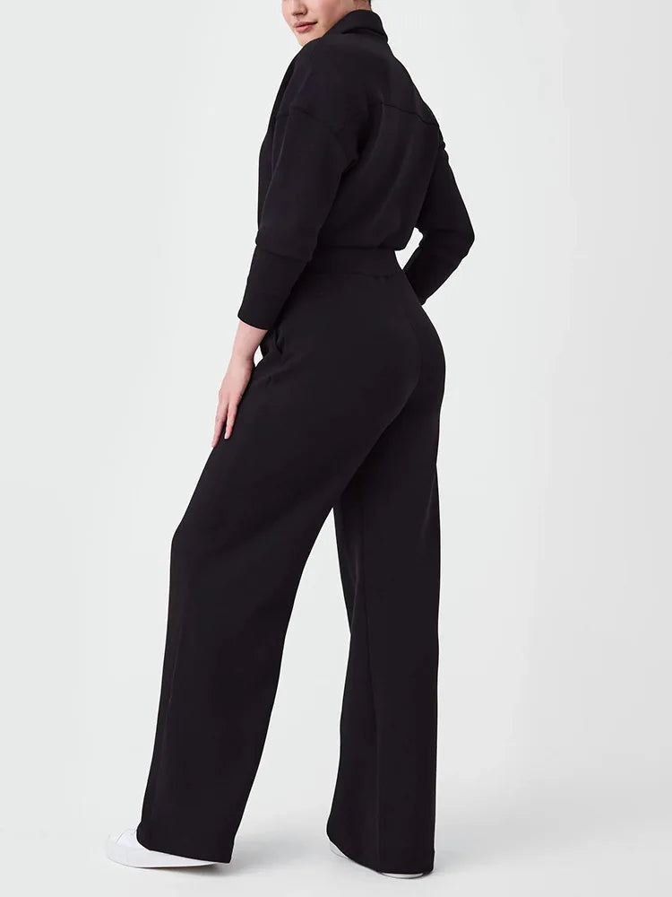 Wide Leg Technical Fleece Jumpsuit Women Elastic High Waist One Piece Casual Zipper Long Sleeve Jumpsuits Autumn Winter