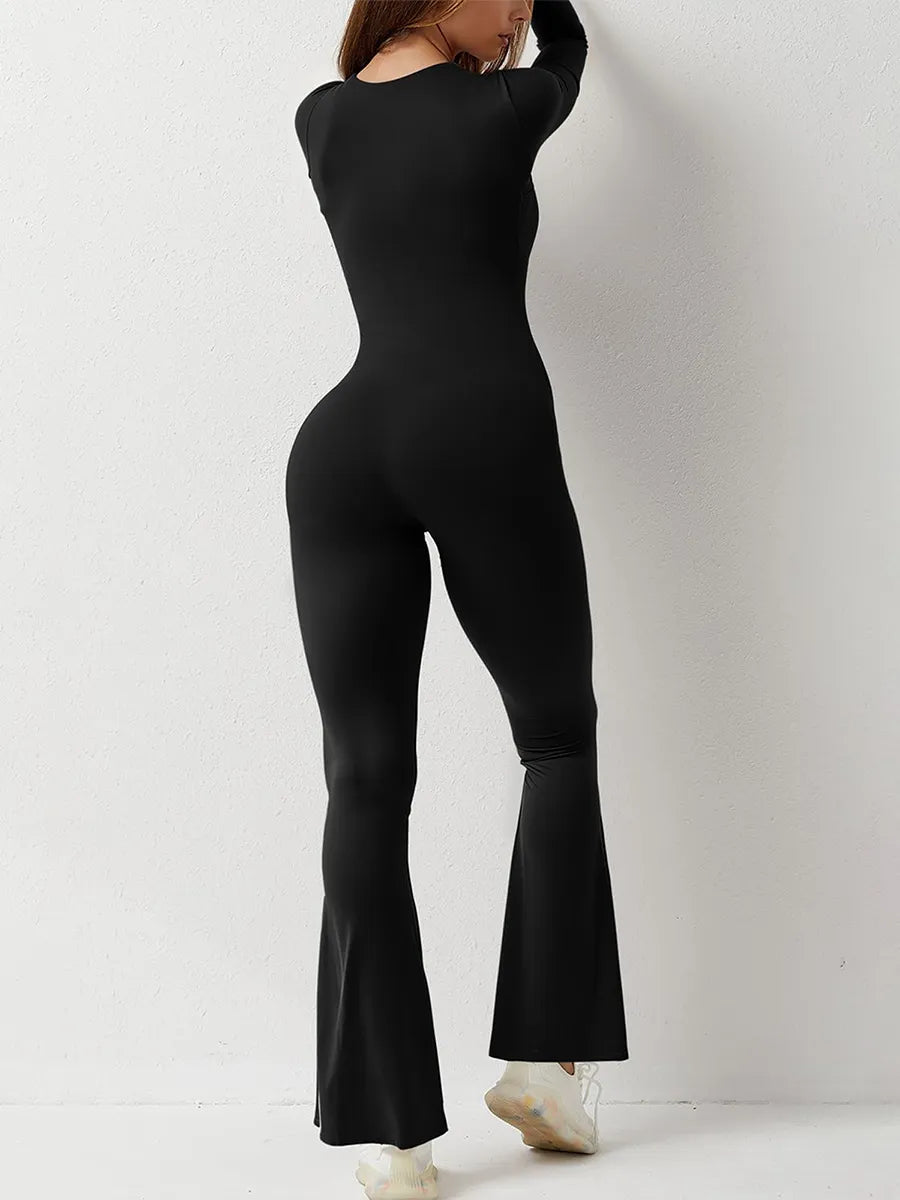 Womens Bodycon Jumpsuit Long Sleeve Square Neck Slim Fit Flared Pants Romper Fall Winter Playsuit