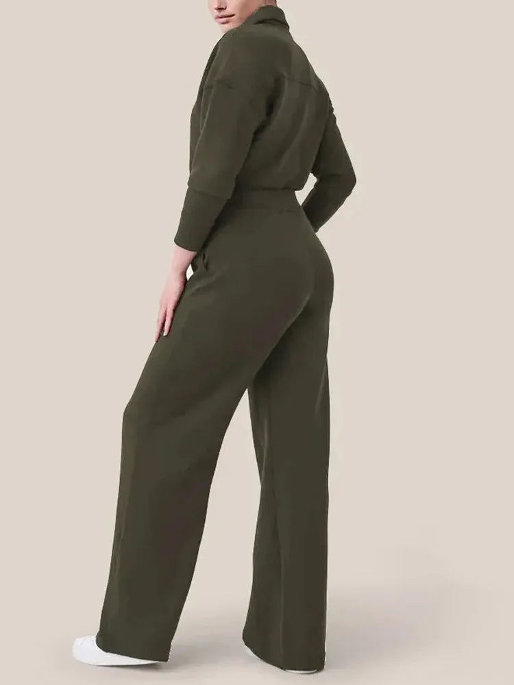 Wide Leg Technical Fleece Jumpsuit Women Elastic High Waist One Piece Casual Zipper Long Sleeve Jumpsuits Autumn Winter