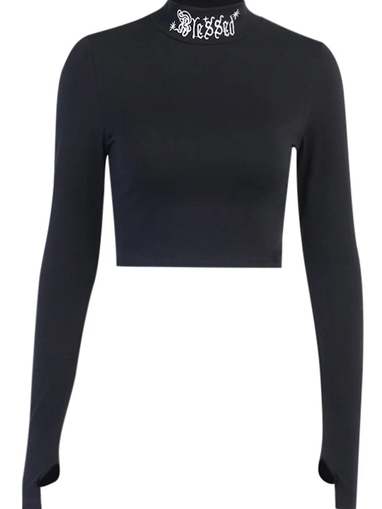 Women Black Bodycon Long Sleeve Crop Tops Gothic Harajuku Letter Embroidery Vintage Solid Tops Female Casual Basic Tops