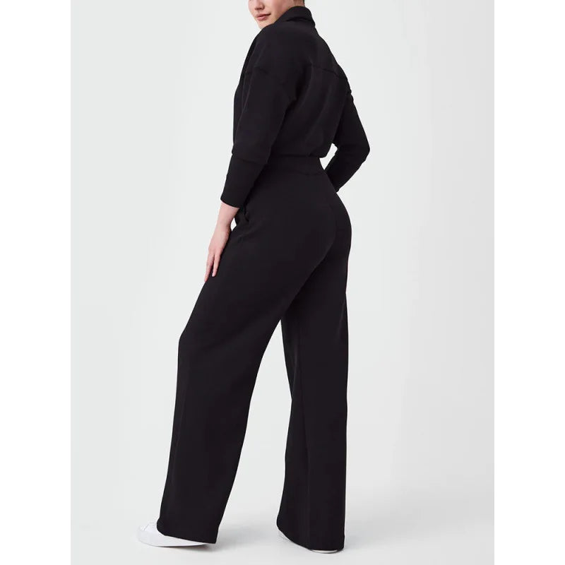 Wide Leg Technical Fleece Jumpsuit Women Elastic High Waist One Piece Casual Zipper Long Sleeve Jumpsuits Autumn Winter
