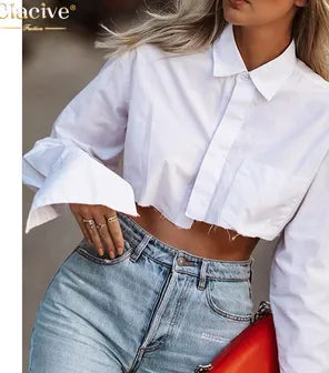 Women Crop Shirt,Turn Down Collar Exposed Navel Solid Color