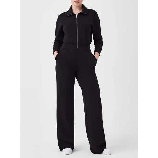 Wide Leg Technical Fleece Jumpsuit Women Elastic High Waist One Piece Casual Zipper Long Sleeve Jumpsuits Autumn Winter