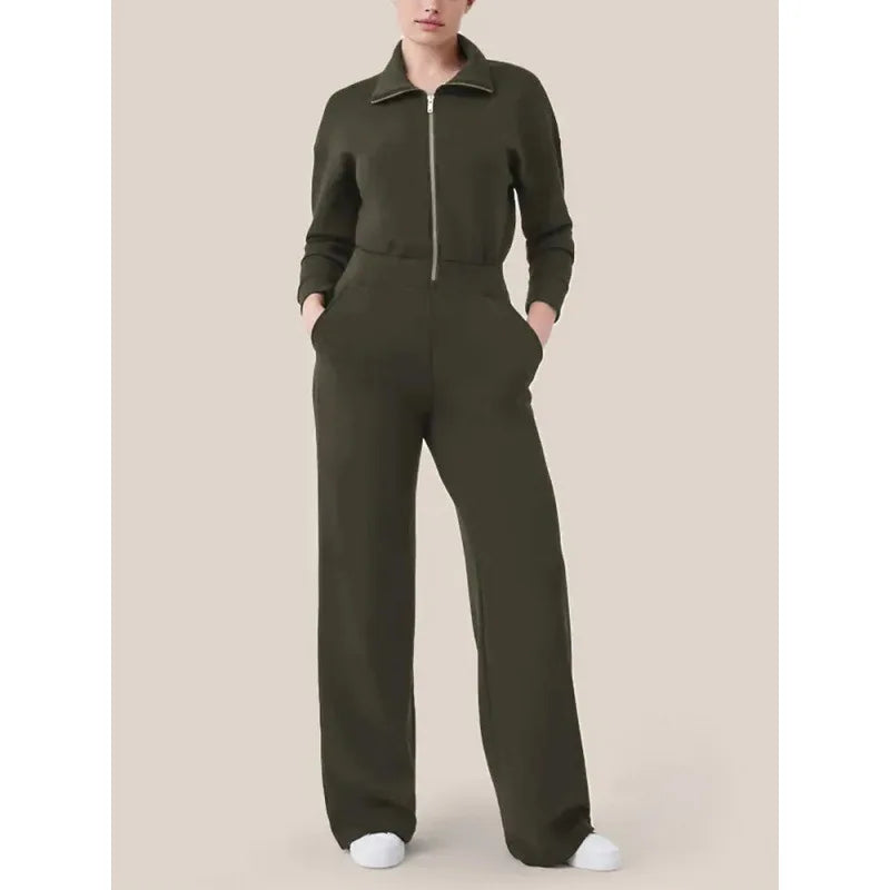 Wide Leg Technical Fleece Jumpsuit Women Elastic High Waist One 